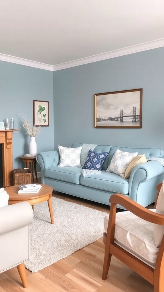 A stylish living room with duck egg blue walls and furniture, accented by warm wood tones and decorative pillows.